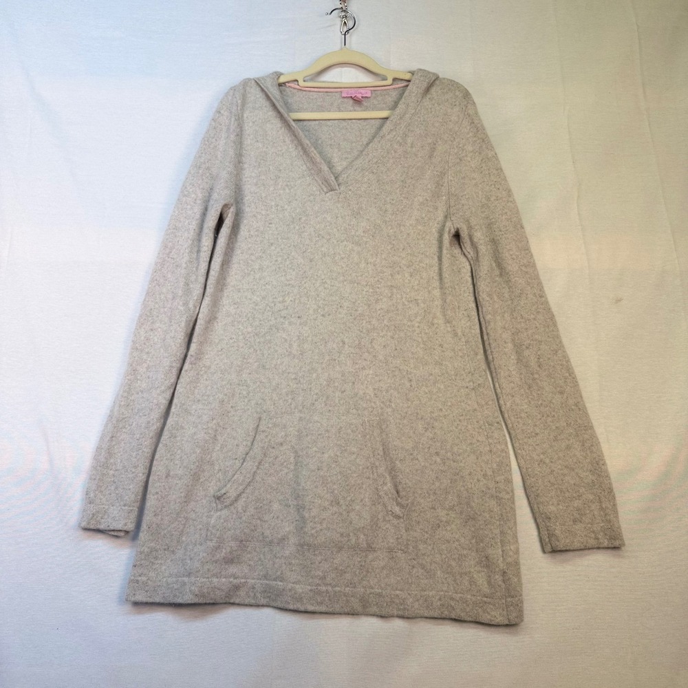 Lilly Pulitzer Womens 100% Cashmere Hoodie Sweater Gray Tunic Kangaroo Pocket L